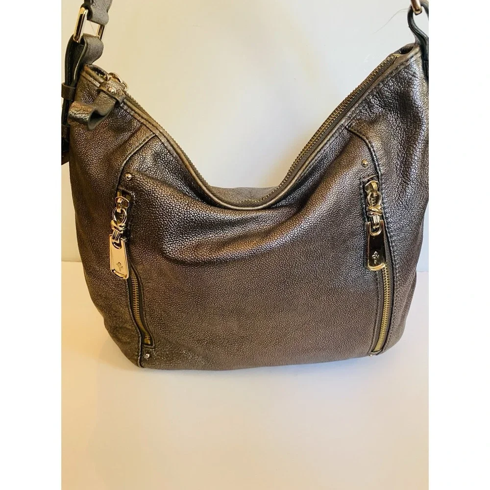 Cole Haan large‎ Hobo bag antique silver Pebble Leather Shoulder Bag zippers